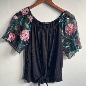 Embroidered Sleeve Top, Black Floral Top, Scoop Neck Top